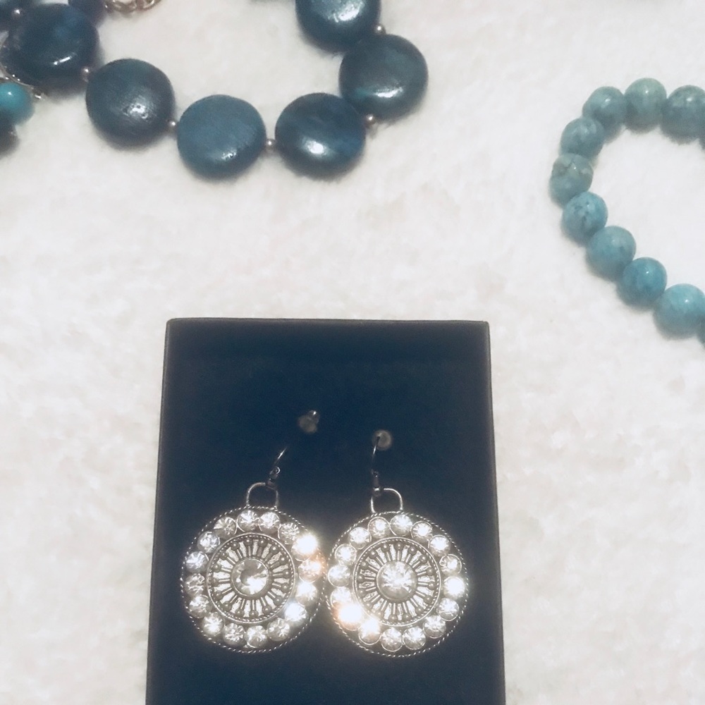 Large Silver Disc Crystal Dangle Earrings - image 3